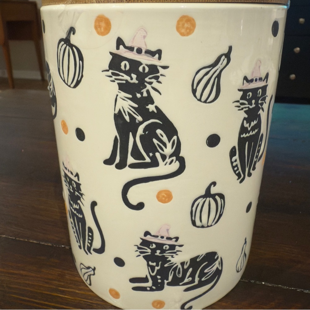 Potter’s Studio Black Cat Halloween Pumpkin 6” Canister Wood Lid Treat Jar New - Picture 5 of 7